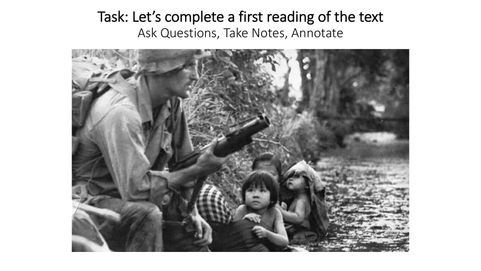 First-reading task directs students to ask questions, take notes, and annotate, beside a wartime photograph