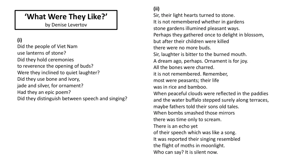 Poem text presents six questions about Vietnamese culture, followed by responses describing war’s destruction