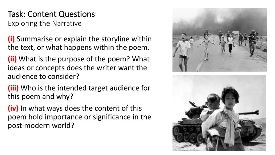 Content questions ask students to explain the poem’s events, purpose, intended audience, and relevance