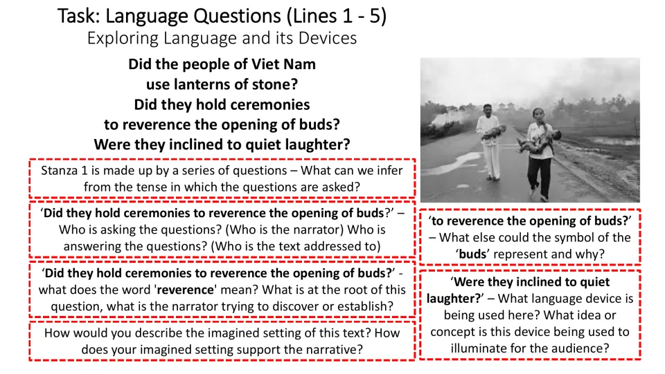 Language questions on lines 1–5 explore past tense, speakers, reverence, setting, buds, and quiet laughter