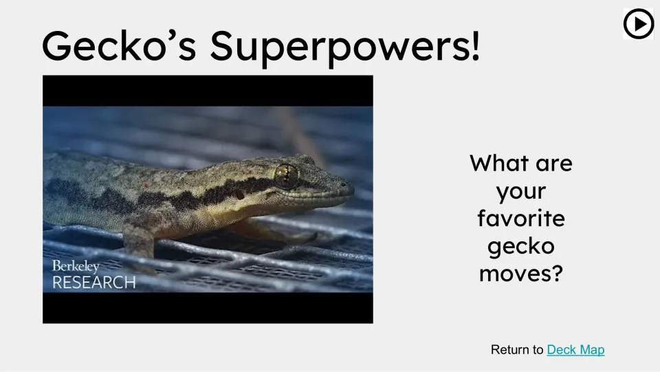 Gecko’s Superpowers lesson opener featuring a video still and asking, 'What are your favorite gecko moves?'