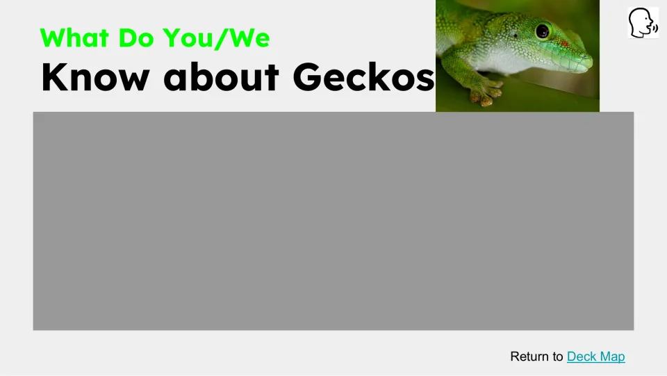 Prior-knowledge slide asking what students know about geckos, with a gecko photograph and space to respond