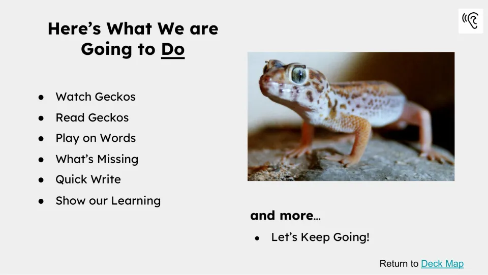Activity preview listing watching, reading, Play on Words, What’s Missing, Quick Write, and Show our Learning