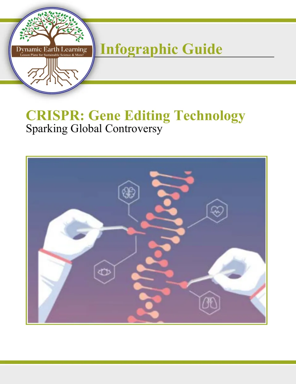Cover of an infographic guide titled CRISPR: Gene Editing Technology Sparking Global Controversy, with gloved hands on DNA