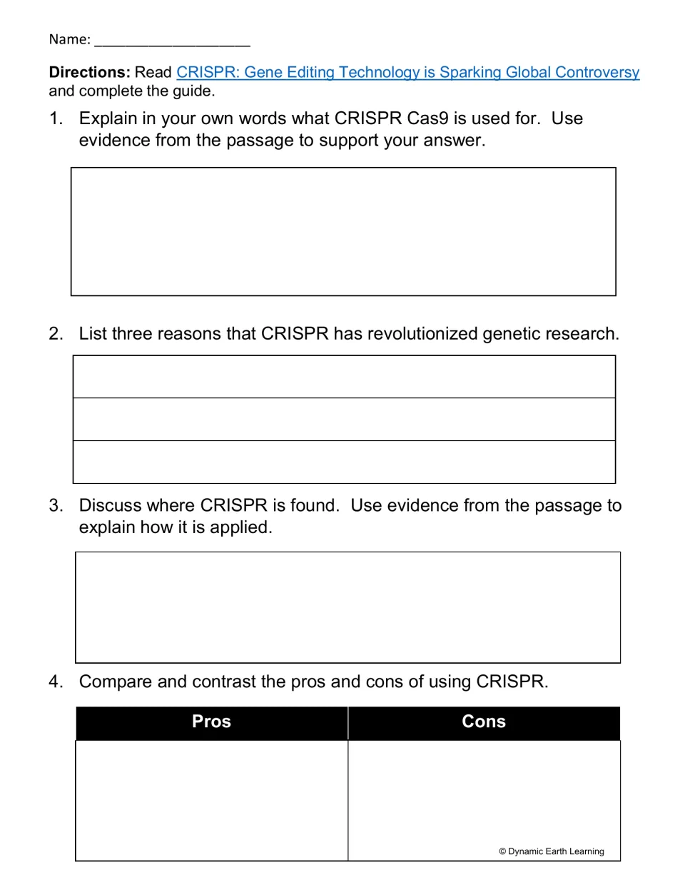 CRISPR reading guide: students explain what CRISPR Cas9 is used for, list three research reasons and compare pros and cons