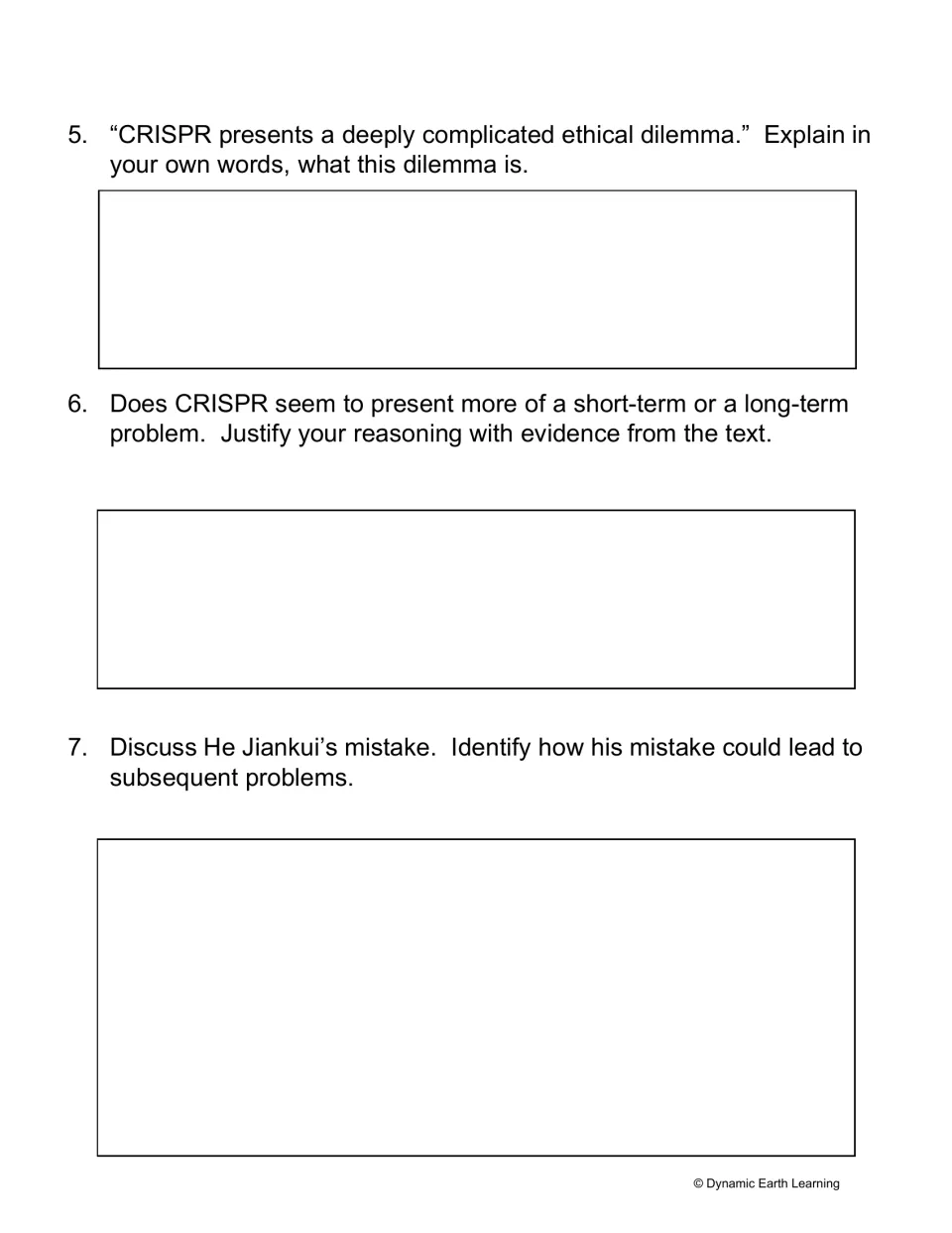 CRISPR ethics questions: students explain the dilemma, judge short- vs long-term risk and discuss He Jiankui's mistake