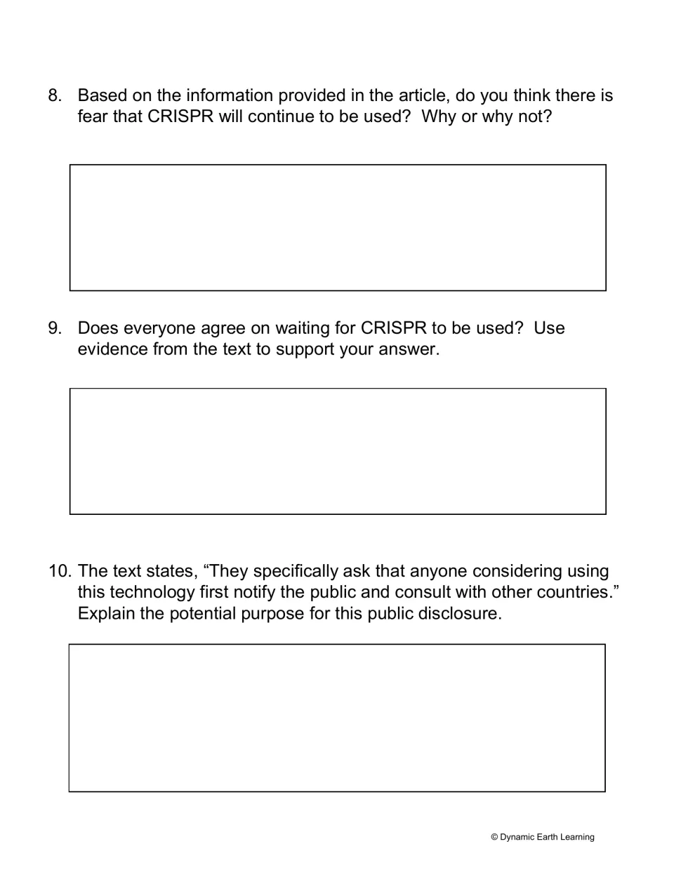 CRISPR debate questions: students use article evidence on fears of continued use, waiting to use it and public disclosure