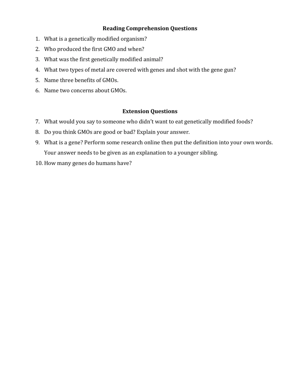 GMO reading comprehension: students answer six recall questions, then four extension questions including researching genes