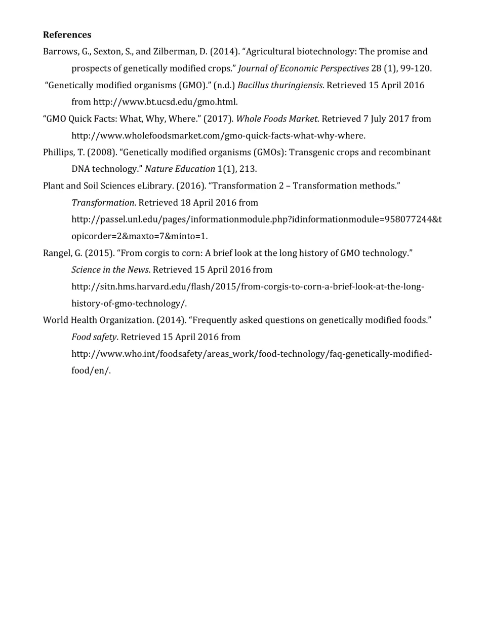 References for the GMO article, citing sources such as Nature Education, Science in the News and the WHO