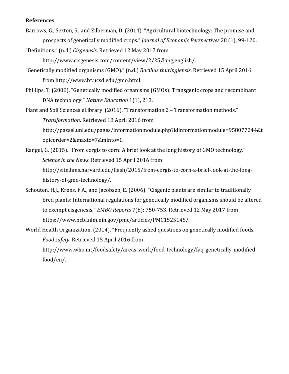 References for the GMO article: citations from WHO, Nature Education, EMBO Reports, Science in the News and others