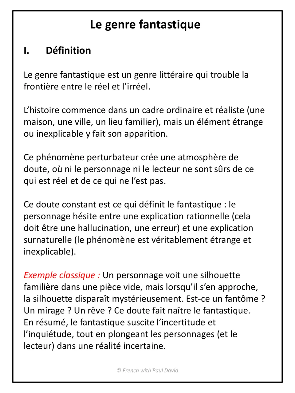 Le genre fantastique, I. Définition: French notes defining the genre as blurring real and unreal, with a ghost example