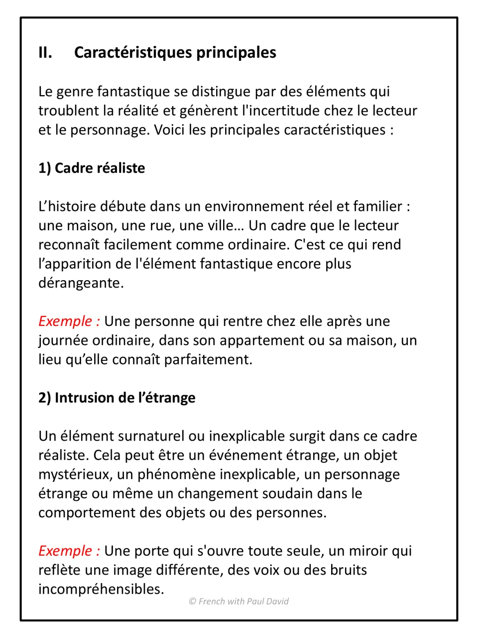 Main features of the fantastic, part 1: French notes on cadre réaliste and intrusion de l'étrange, each with an example