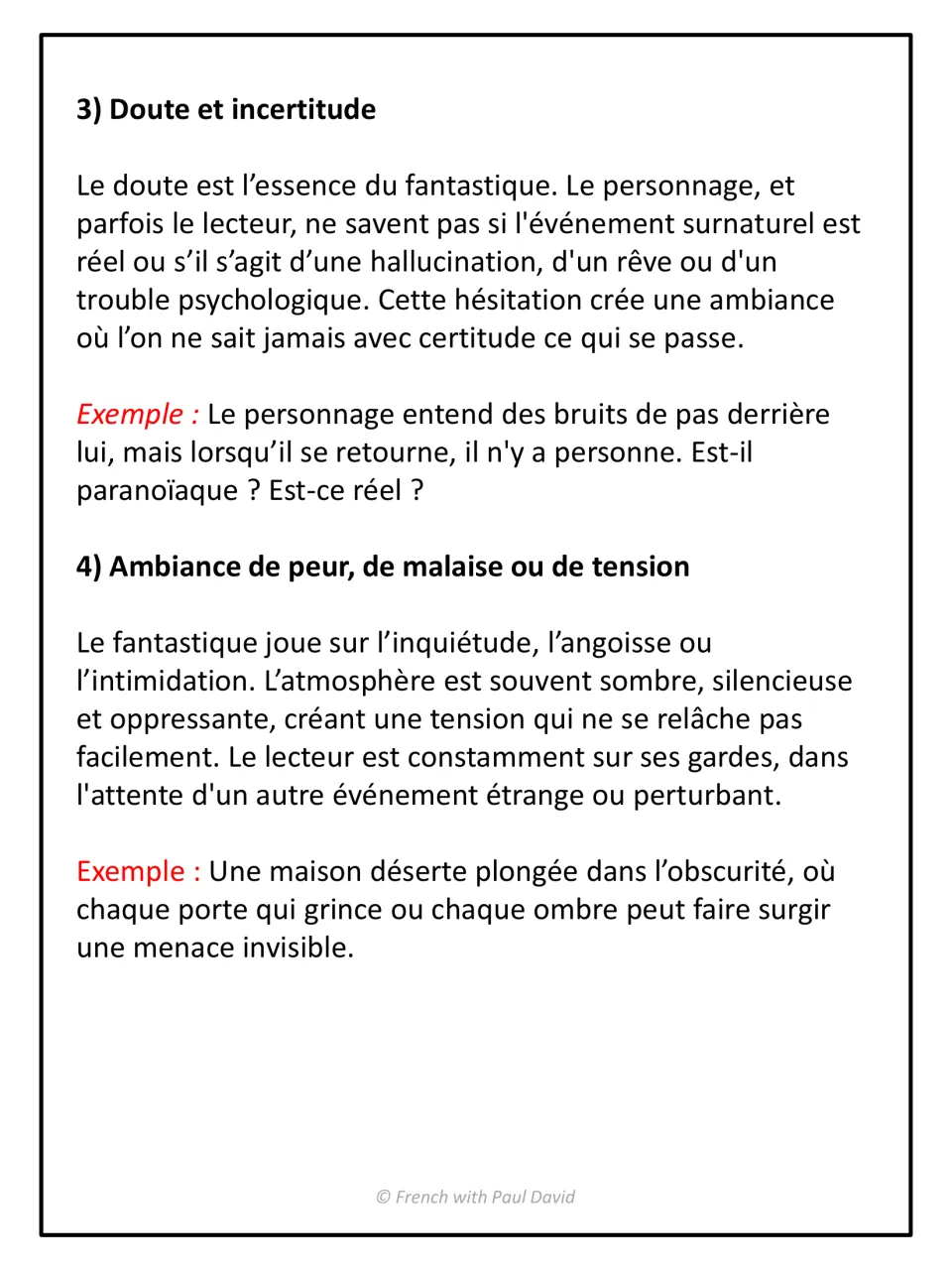 Features 3 and 4: French notes explaining doute et incertitude and an ambiance of fear, unease or tension, with examples