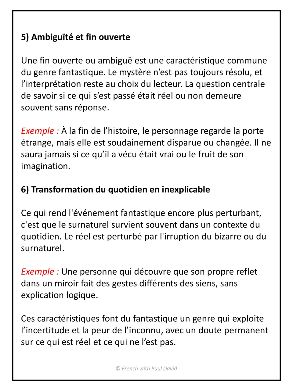 Features 5 and 6: French notes on ambiguous open endings and the everyday turned inexplicable, ending with a summary