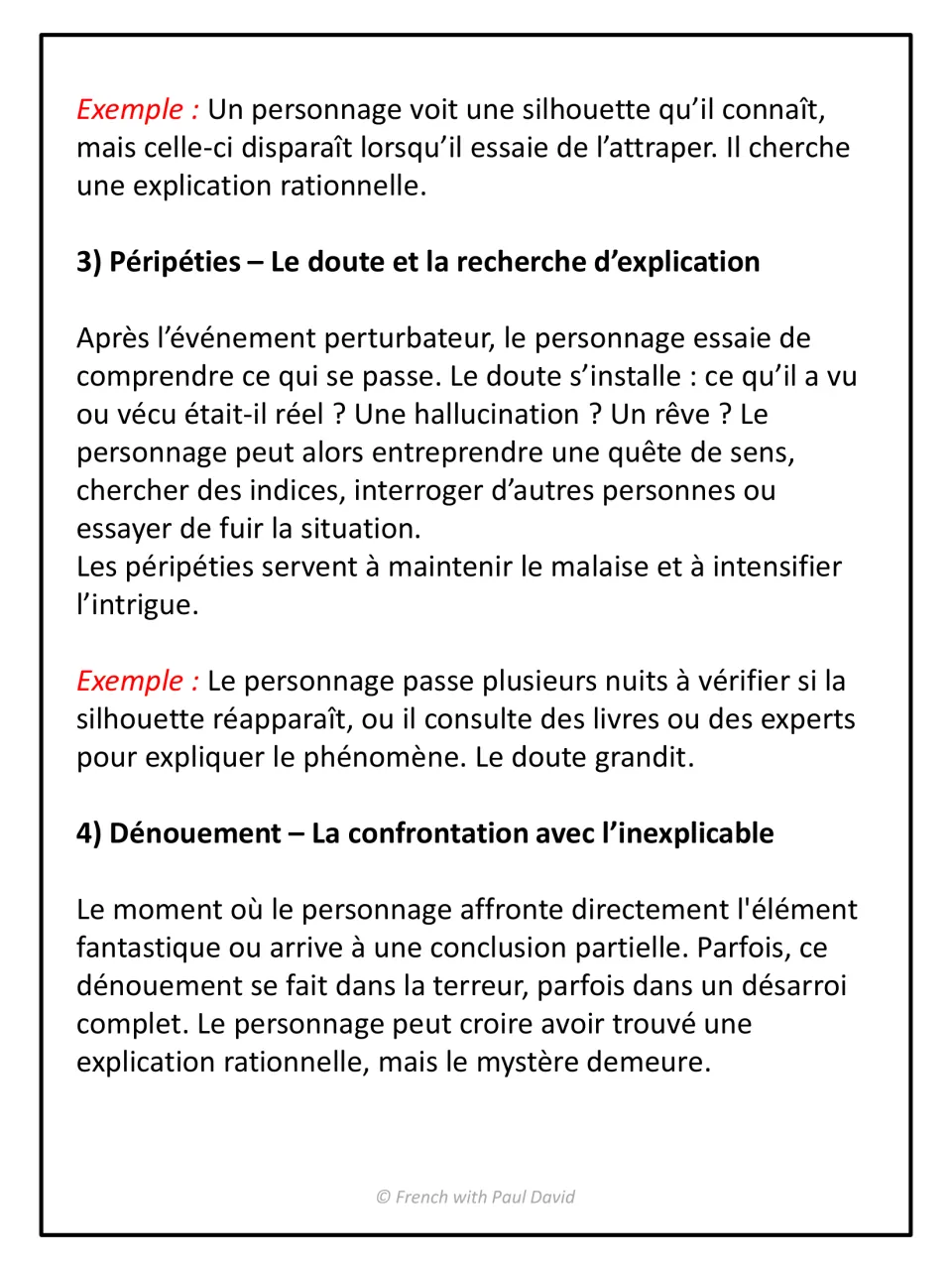 Plot stages 3 and 4: French notes on péripéties and the search for answers, then the dénouement facing the inexplicable