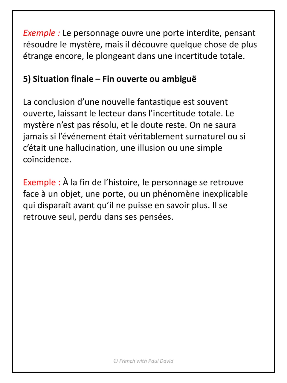 Final plot stage: French notes on the situation finale with an open or ambiguous ending, plus a forbidden-door example