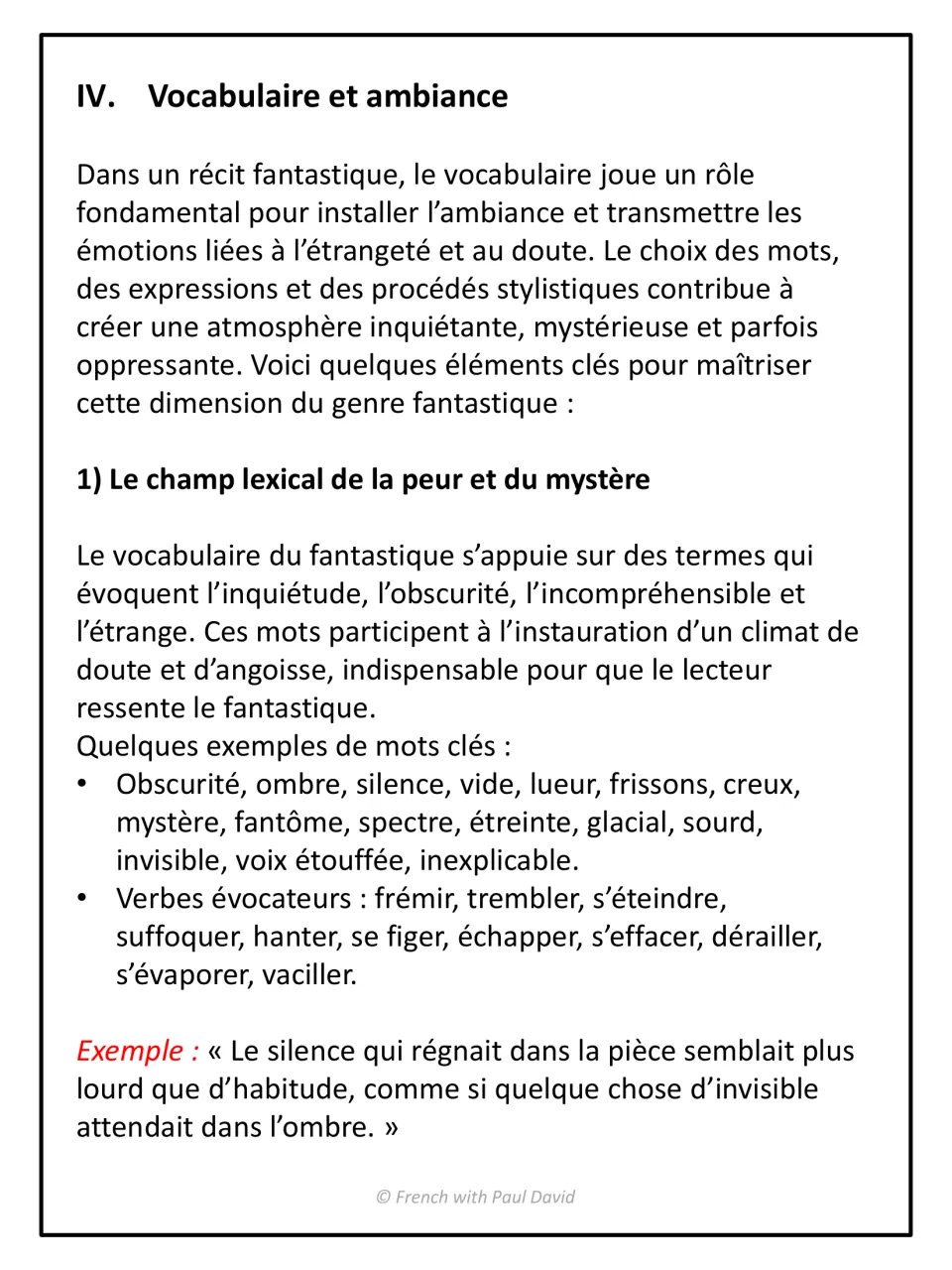Vocabulary and atmosphere: French word lists for the lexical field of fear and mystery, nouns and evocative verbs