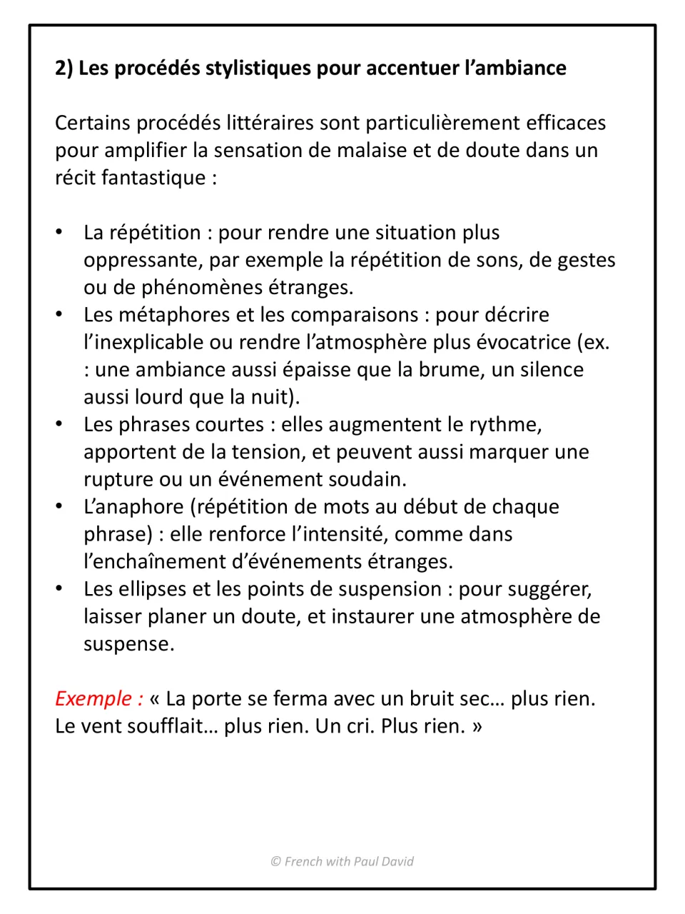 Stylistic devices for mood in French: repetition, metaphor and comparison, short sentences, anaphora and ellipses