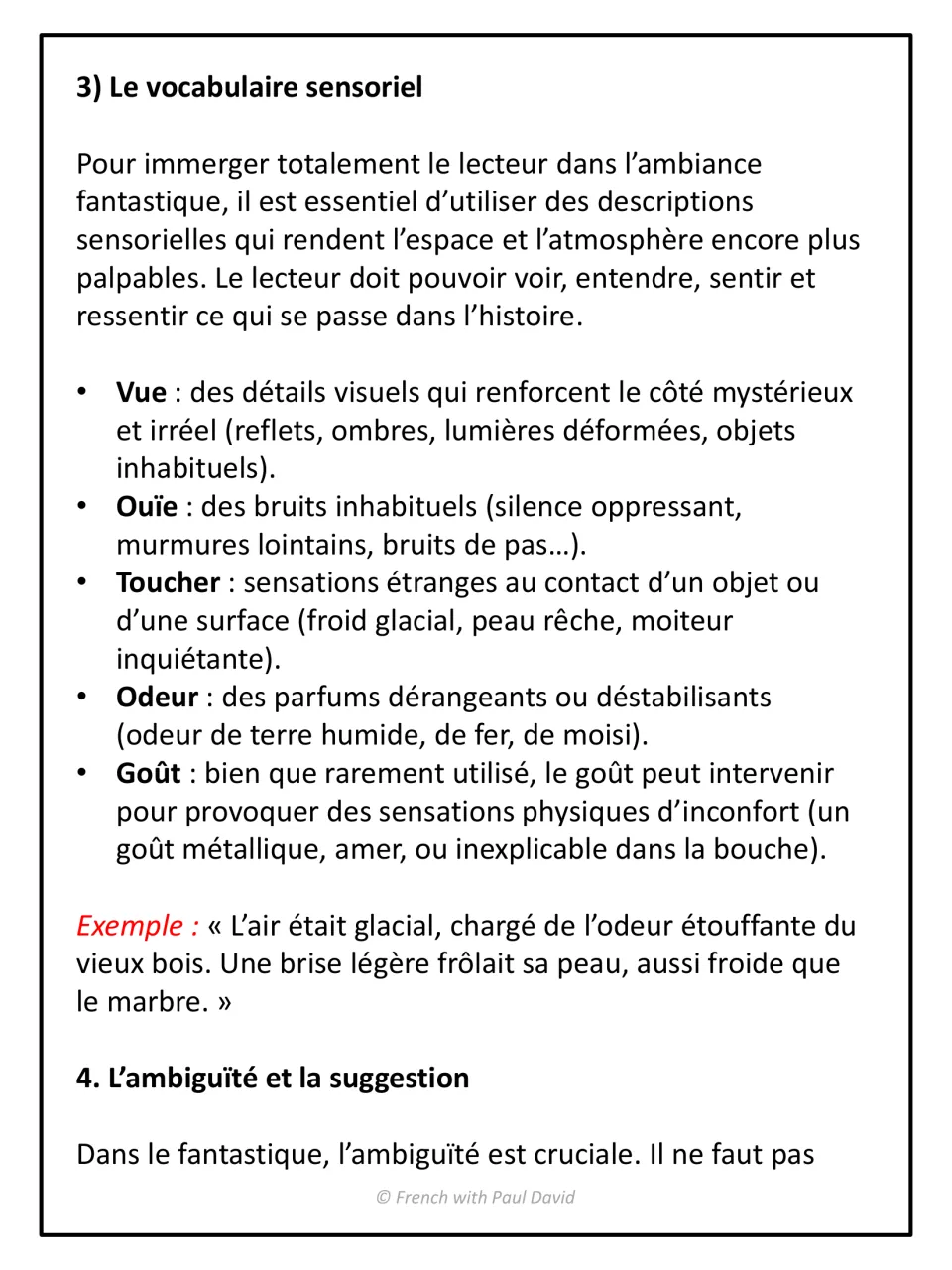 Sensory vocabulary in French: sight, hearing, touch, smell and taste details for eerie scenes; ambiguity section begins