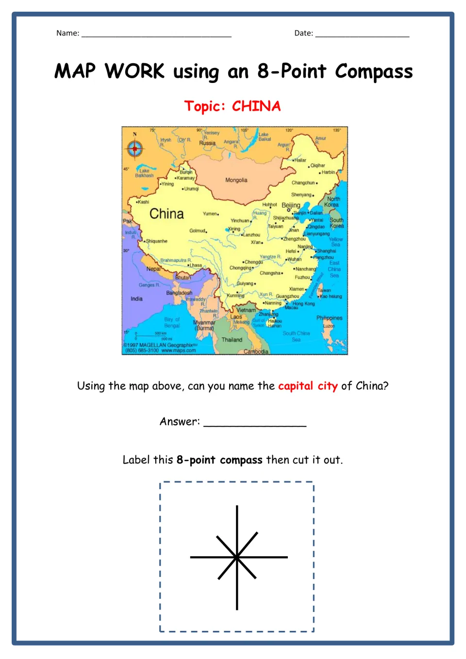 Map work on China: students find the capital on a labeled map, then label an 8-point compass and cut it out