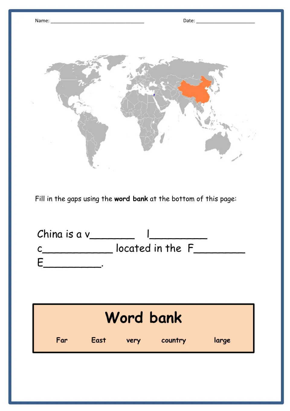 China on a world map: students fill in a sentence on China's size and location using words like large, country, Far East