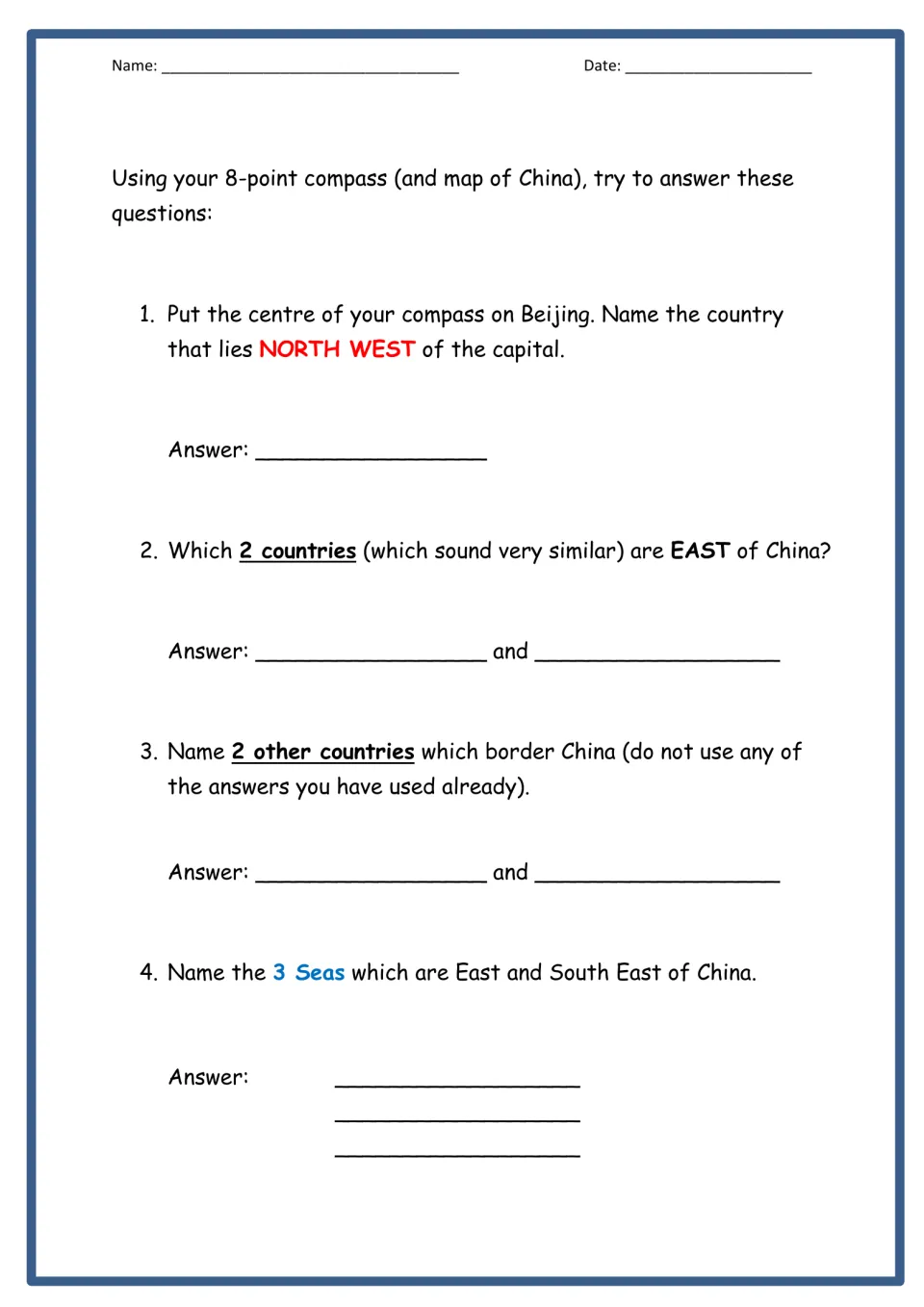 Compass directions around China: students use their compass on Beijing to name neighbouring countries and 3 eastern seas