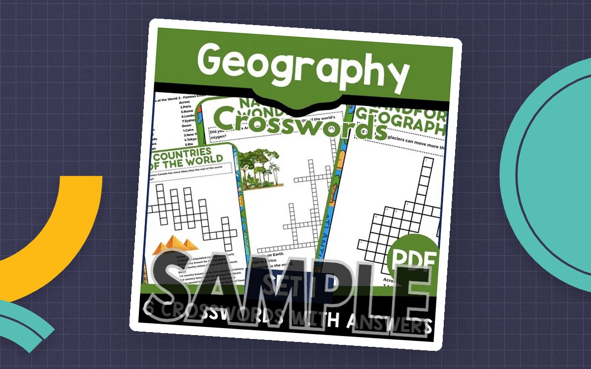 Geography Crossword Set 1 sample cover with country puzzle and answer previews.