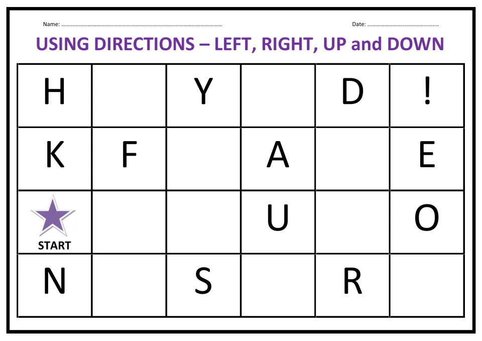 Using directions left, right, up and down: letter squares with a START star that students move from to spell words