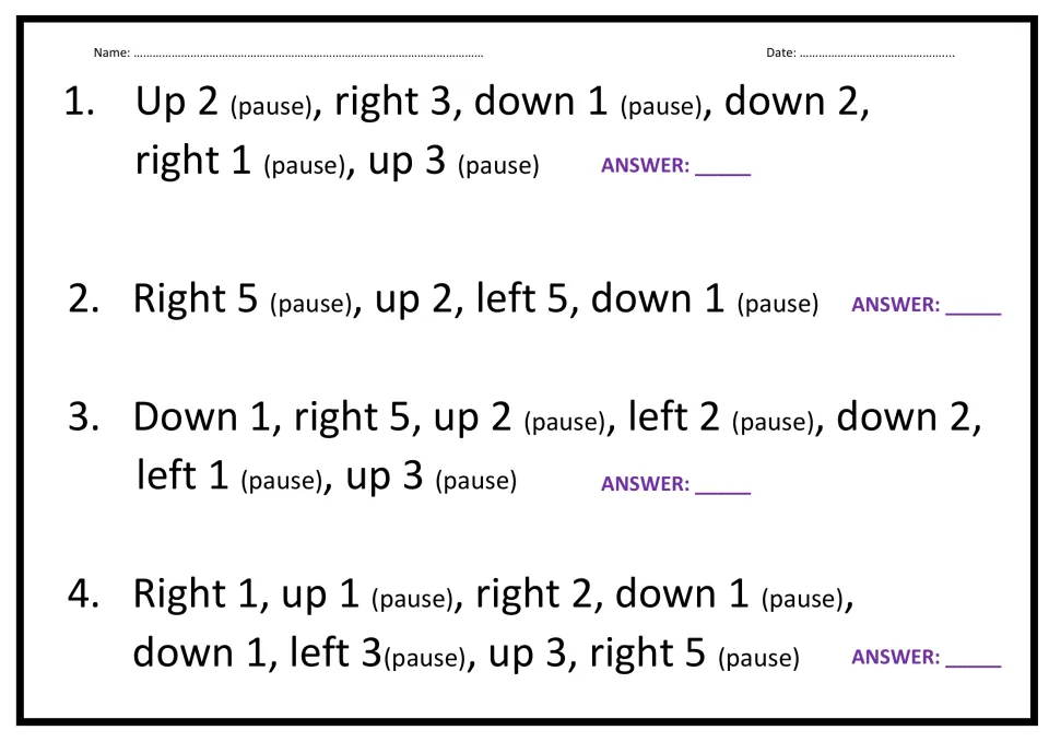 Direction clues: students follow 4 move sequences like 'Up 2, right 3' from START, noting a letter at each pause