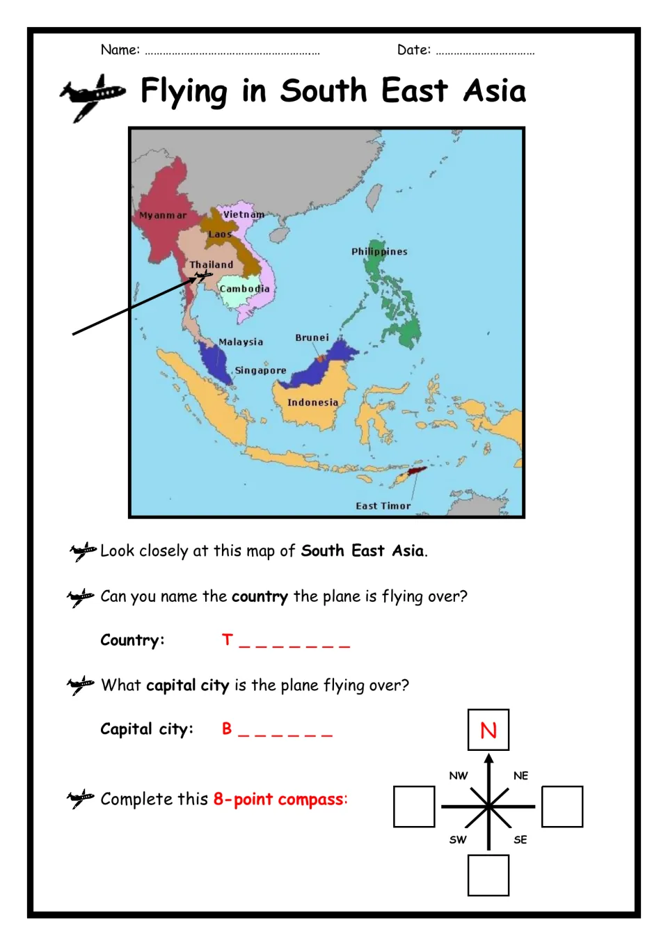 South East Asia map reading: students name the country and capital under a plane, starting T and B, then fill in a compass