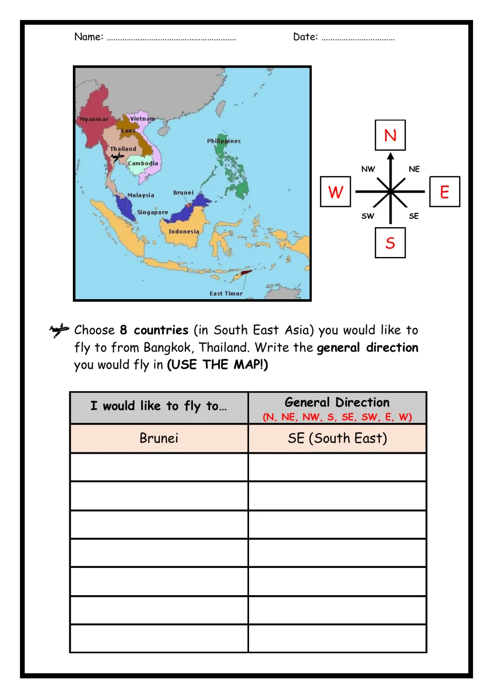 Compass directions: students pick 8 countries to fly to from Bangkok and write each general direction, e.g. Brunei SE