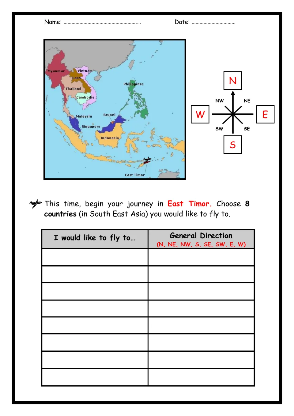 Directions from East Timor: students choose 8 South East Asian countries to fly to and record each direction