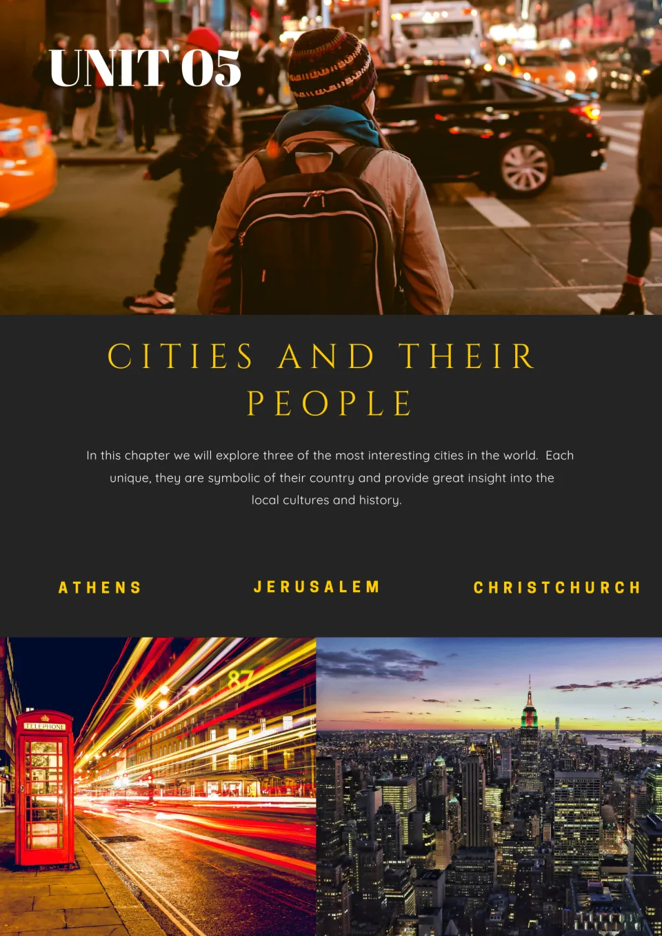 Unit 05 Cities and Their People cover introducing three city readings: Athens, Jerusalem and Christchurch, with city photos