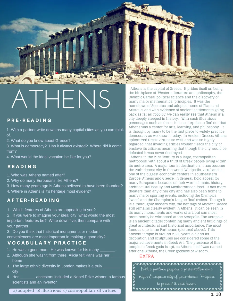 Athens reading on democracy and the Parthenon: students answer pre-, during- and after-reading questions and fill vocab gaps