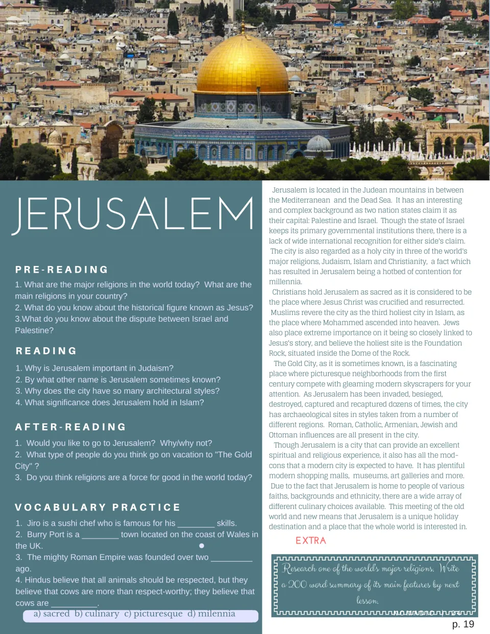 Jerusalem reading on its holy sites and history: students answer comprehension questions and fill vocab gaps like sacred