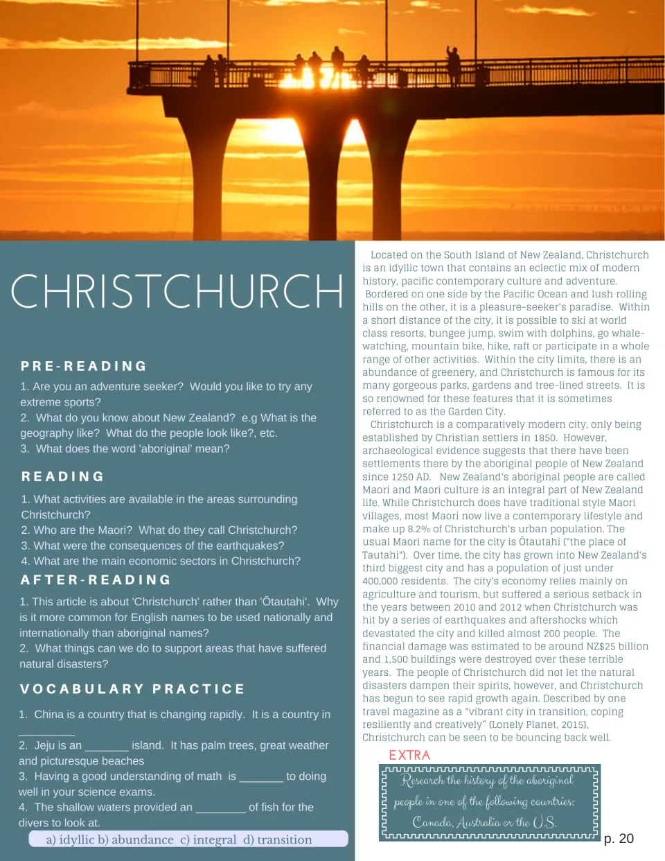 Christchurch reading on Maori heritage and the earthquakes: students answer questions and use idyllic, abundance, integral