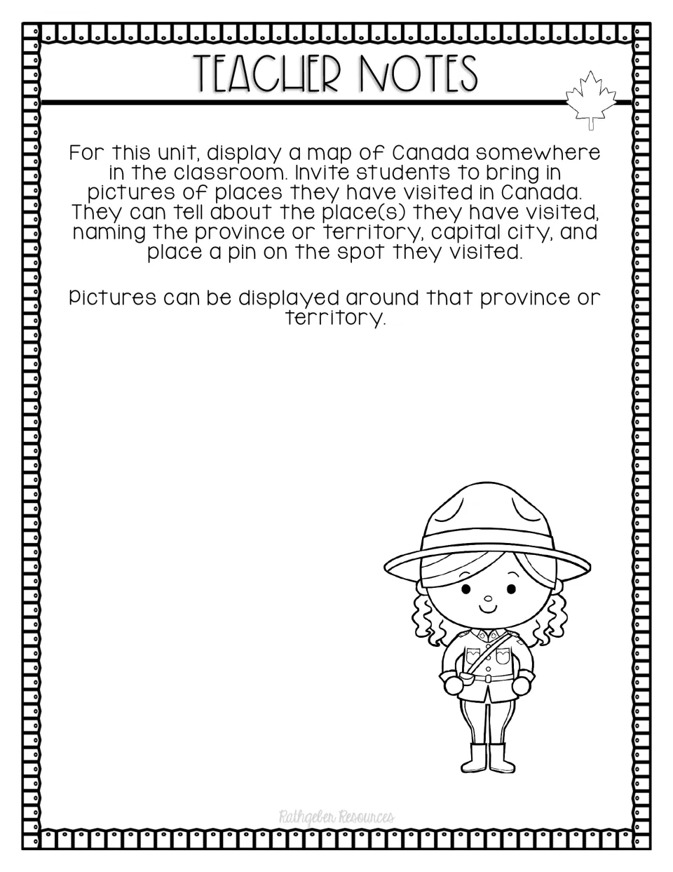 Teacher notes: display a Canada map; students share photos of places visited, name the province and capital, and pin it