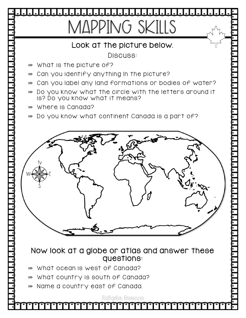 Mapping skills: students discuss a world map and compass rose, then use a globe to find what borders Canada
