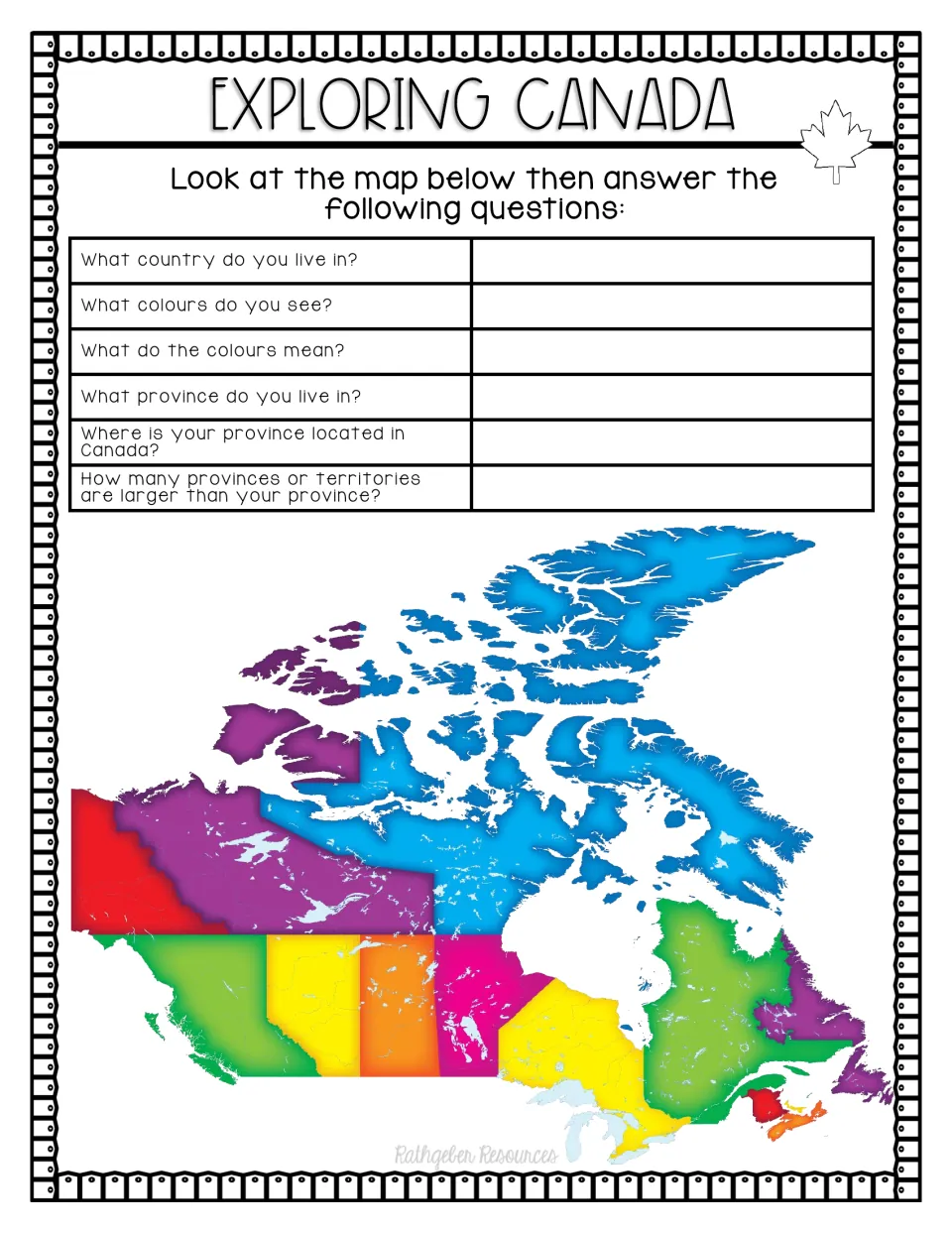 Exploring Canada: students read a colour-coded map of provinces and territories and answer questions about their province