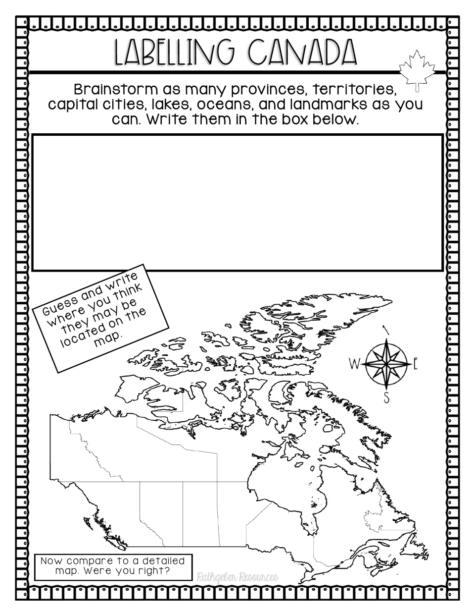Labelling Canada: students brainstorm provinces, capitals, lakes and landmarks, guess their places on a blank map