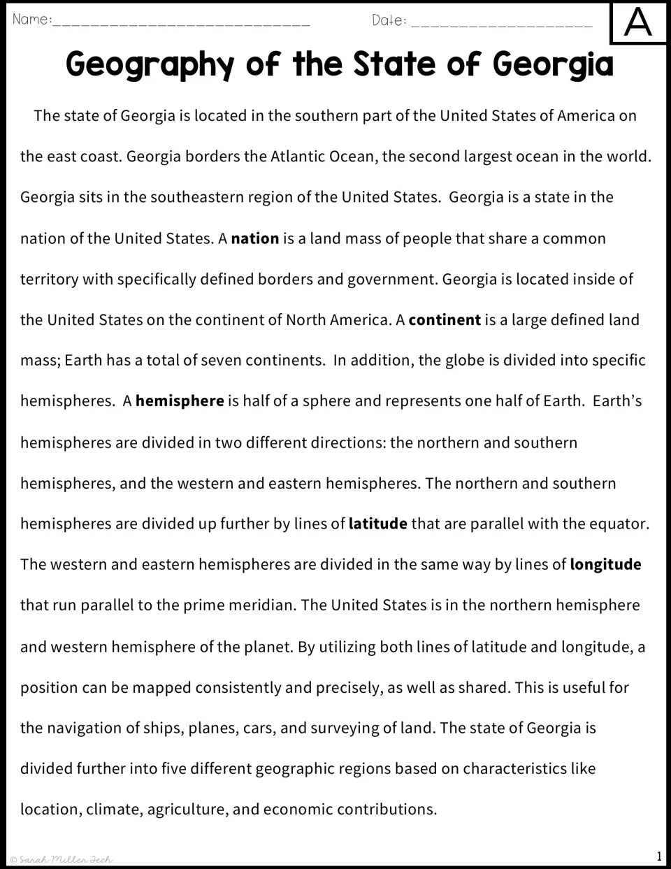 Reading passage A introduces Georgia's location, continents, hemispheres, latitude, and longitude.