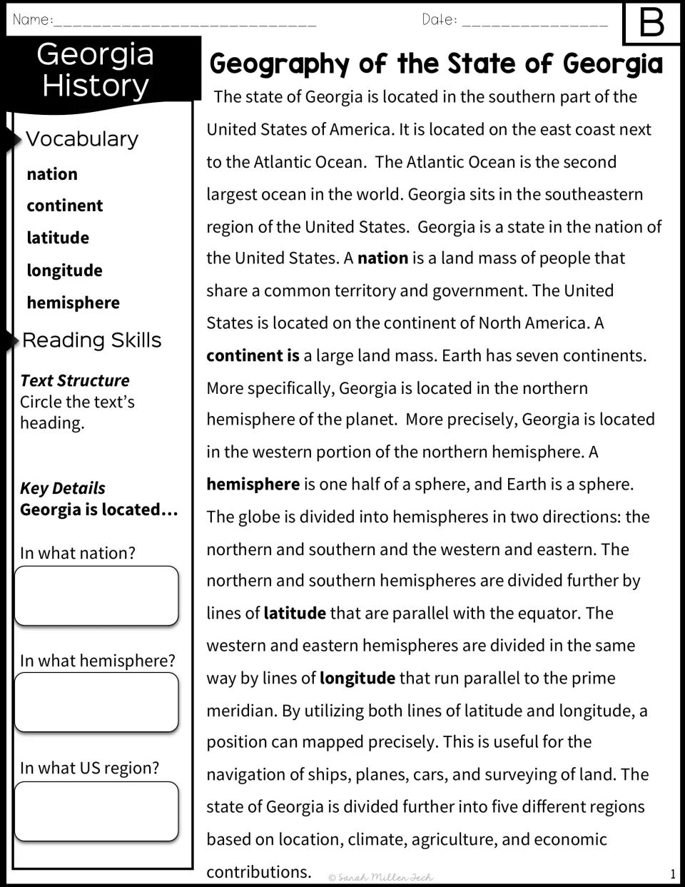 Reading passage B includes geography vocabulary and prompts about Georgia's nation, hemisphere, and region.