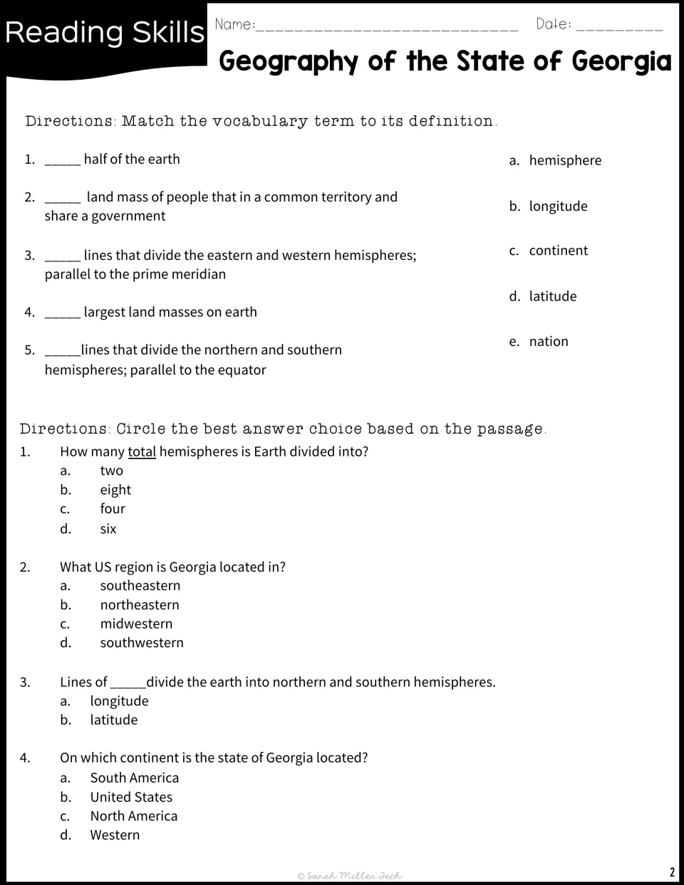 Geography practice pairs five vocabulary matches with questions 1–4 on hemispheres and Georgia's location.