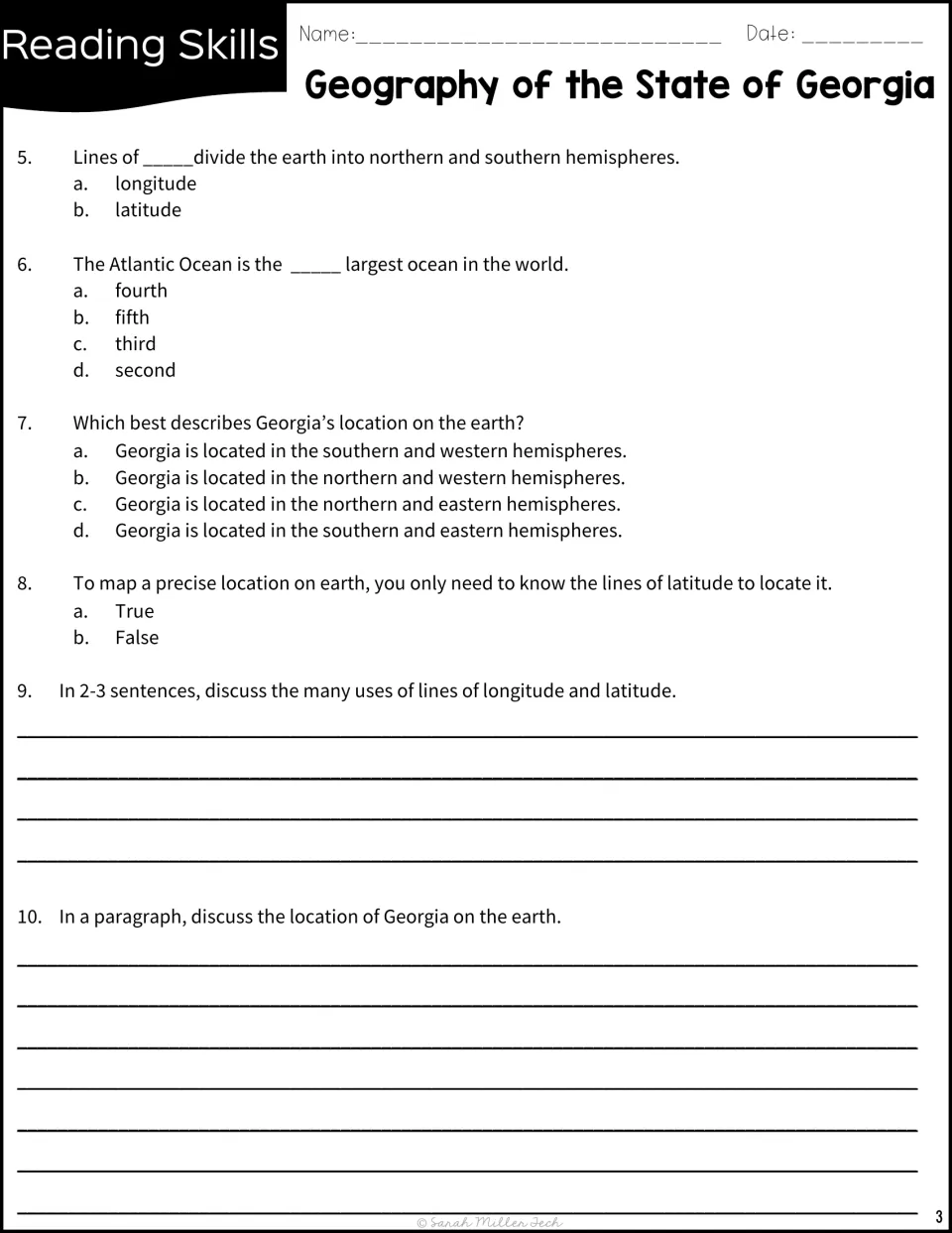 Comprehension questions 5–10 cover latitude, the Atlantic Ocean, Georgia's hemispheres, and written responses.