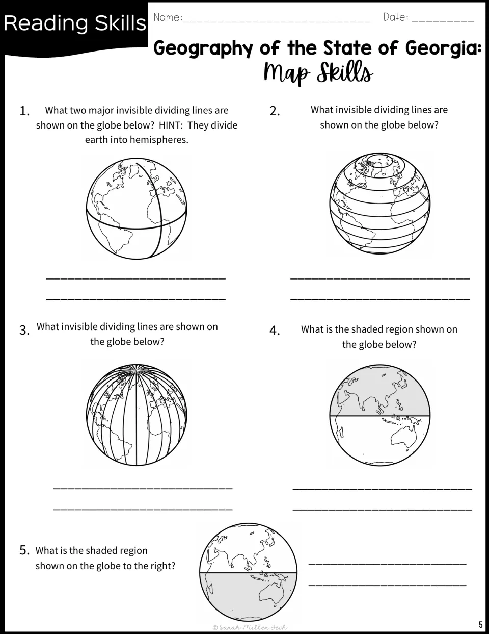 Map skills practice uses five globe diagrams to identify dividing lines, latitude, longitude, and hemispheres.
