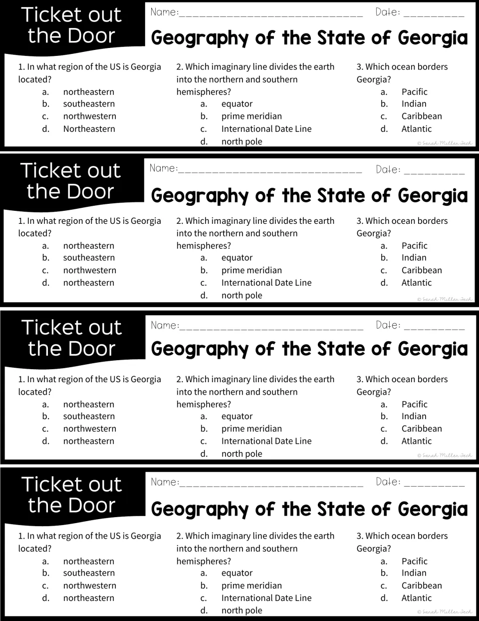 Four identical exit tickets ask about Georgia's US region, the equator, and the ocean bordering Georgia.