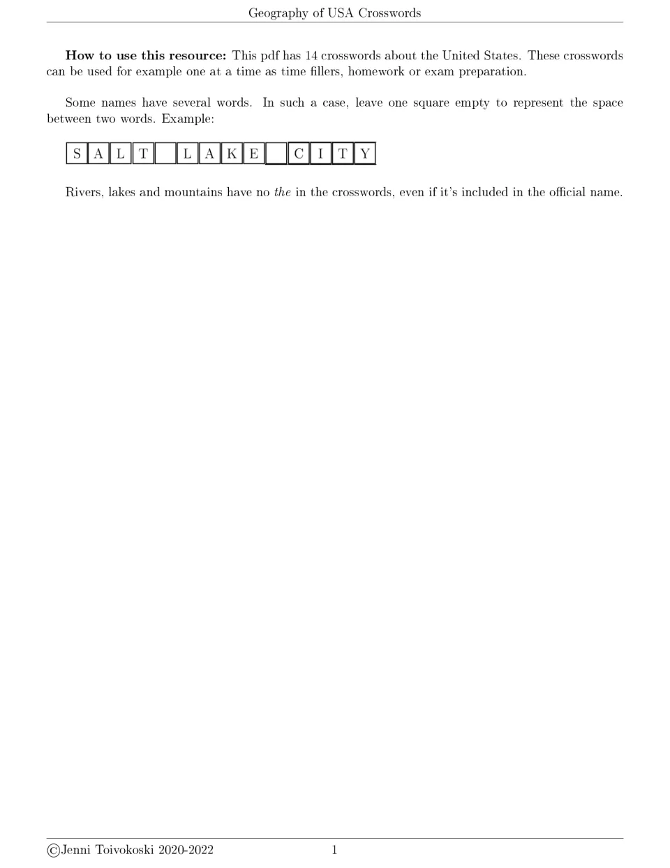 Instructions for 14 U.S. geography crosswords: spaces in names, the Salt Lake City example, and omitting 'the'