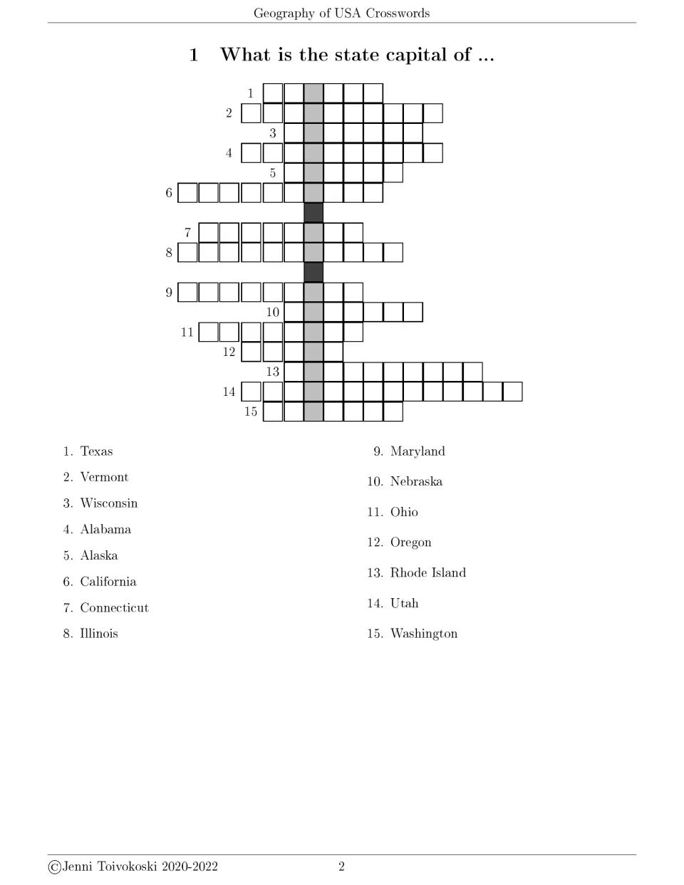 State capitals crossword 1 asks for capitals of 15 states, including Texas, Vermont, Wisconsin, and Alabama