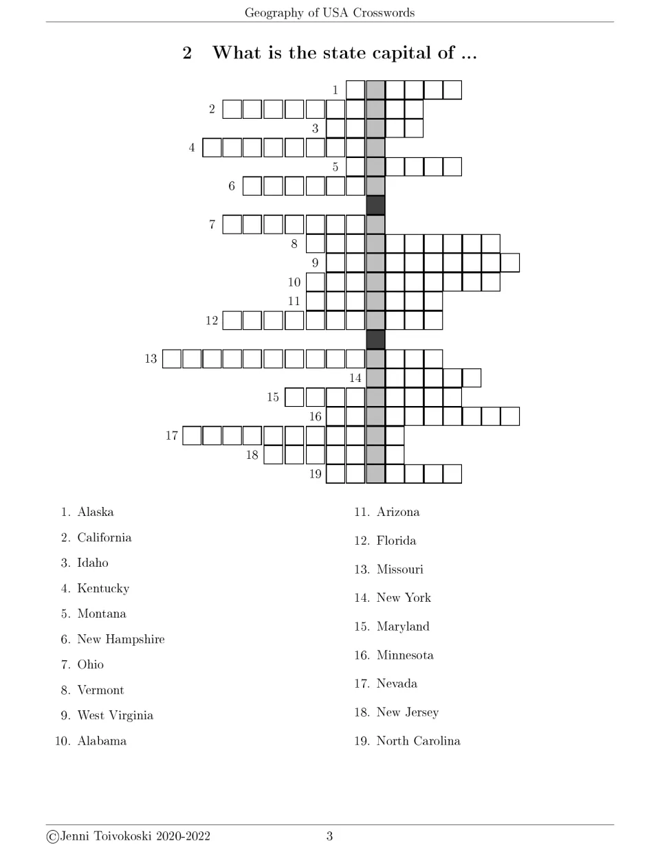 State capitals crossword 2 asks for capitals of 19 states, including Alaska, California, Idaho, and Kentucky