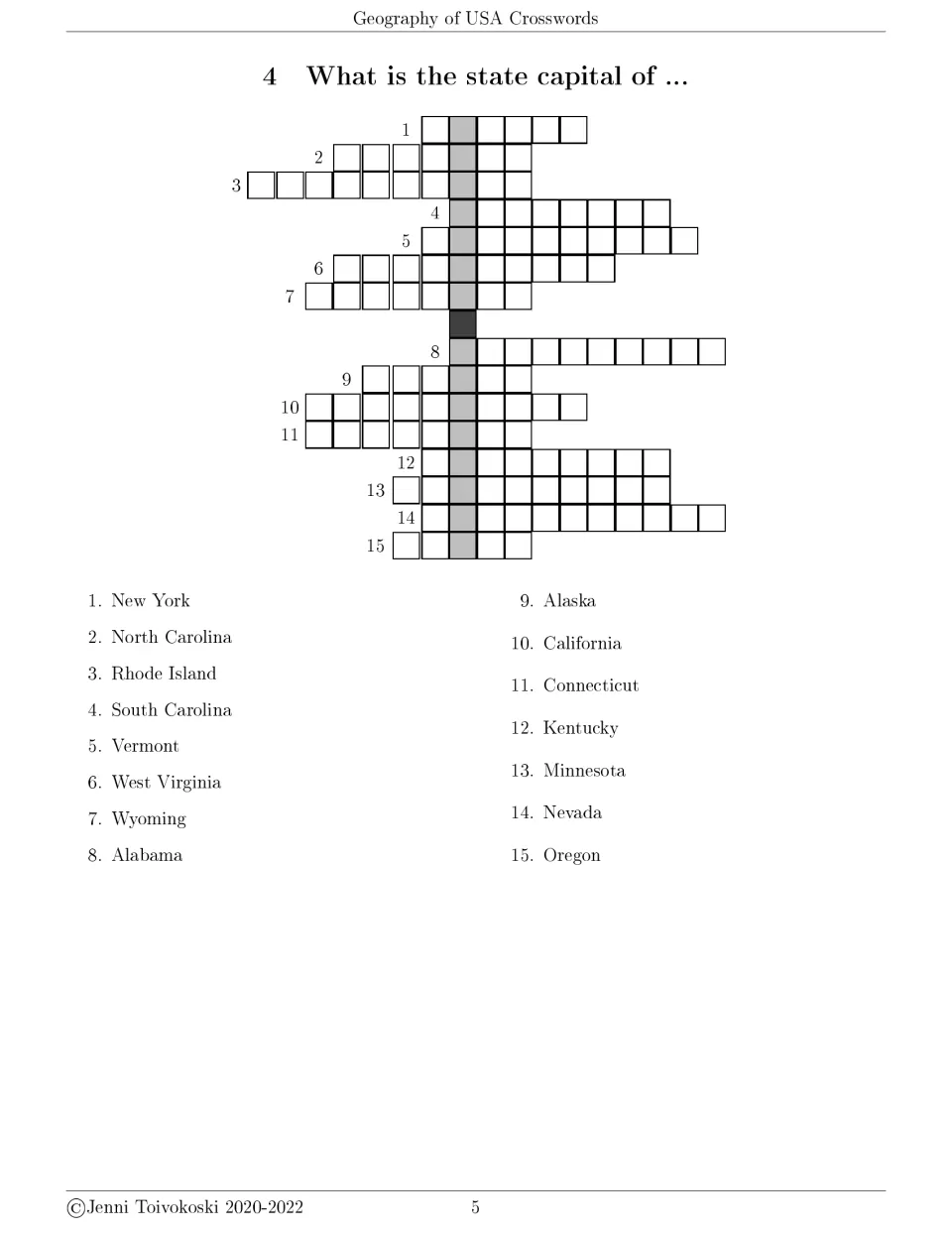 State capitals crossword 4 asks for capitals of 15 states, including New York, North Carolina, and Rhode Island